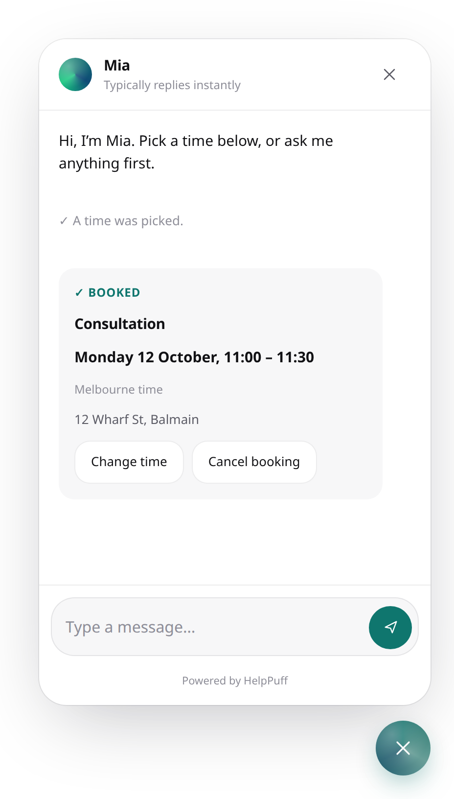 A booked appointment in the chat, with Change time and Cancel booking