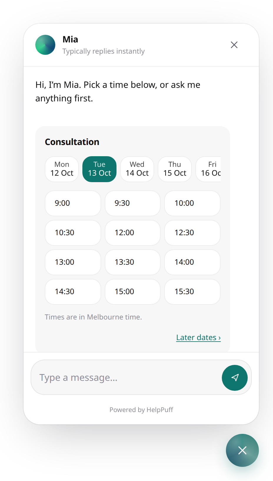 A calendar in the chat: days along the top, free times below