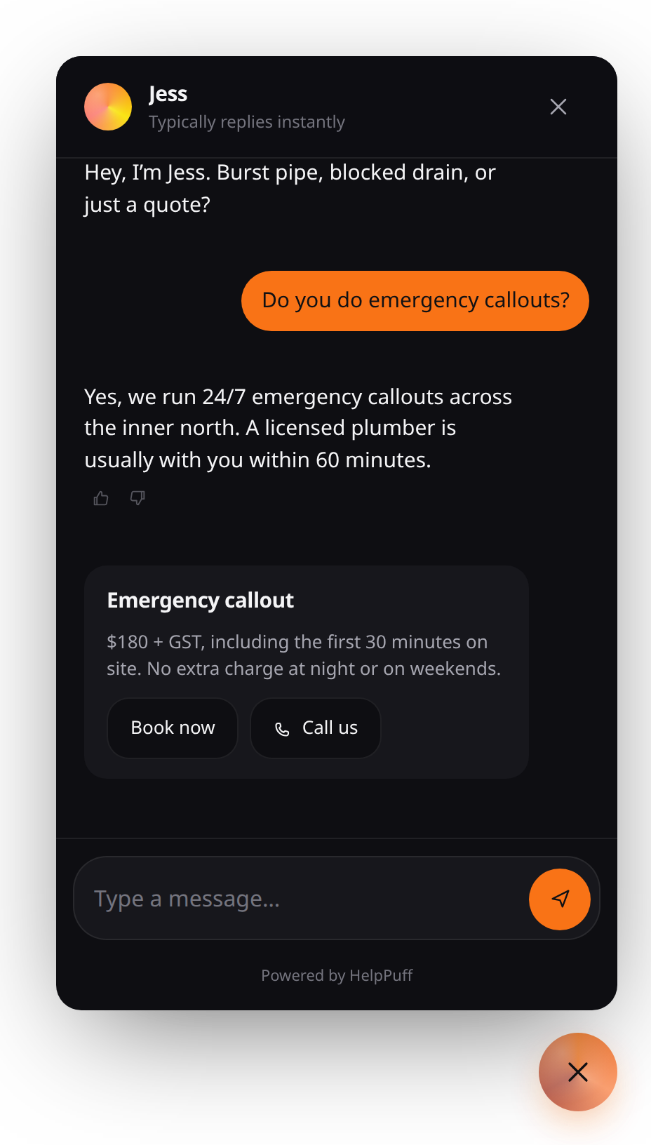 The widget in dark mode with an orange accent, showing an emergency callout card