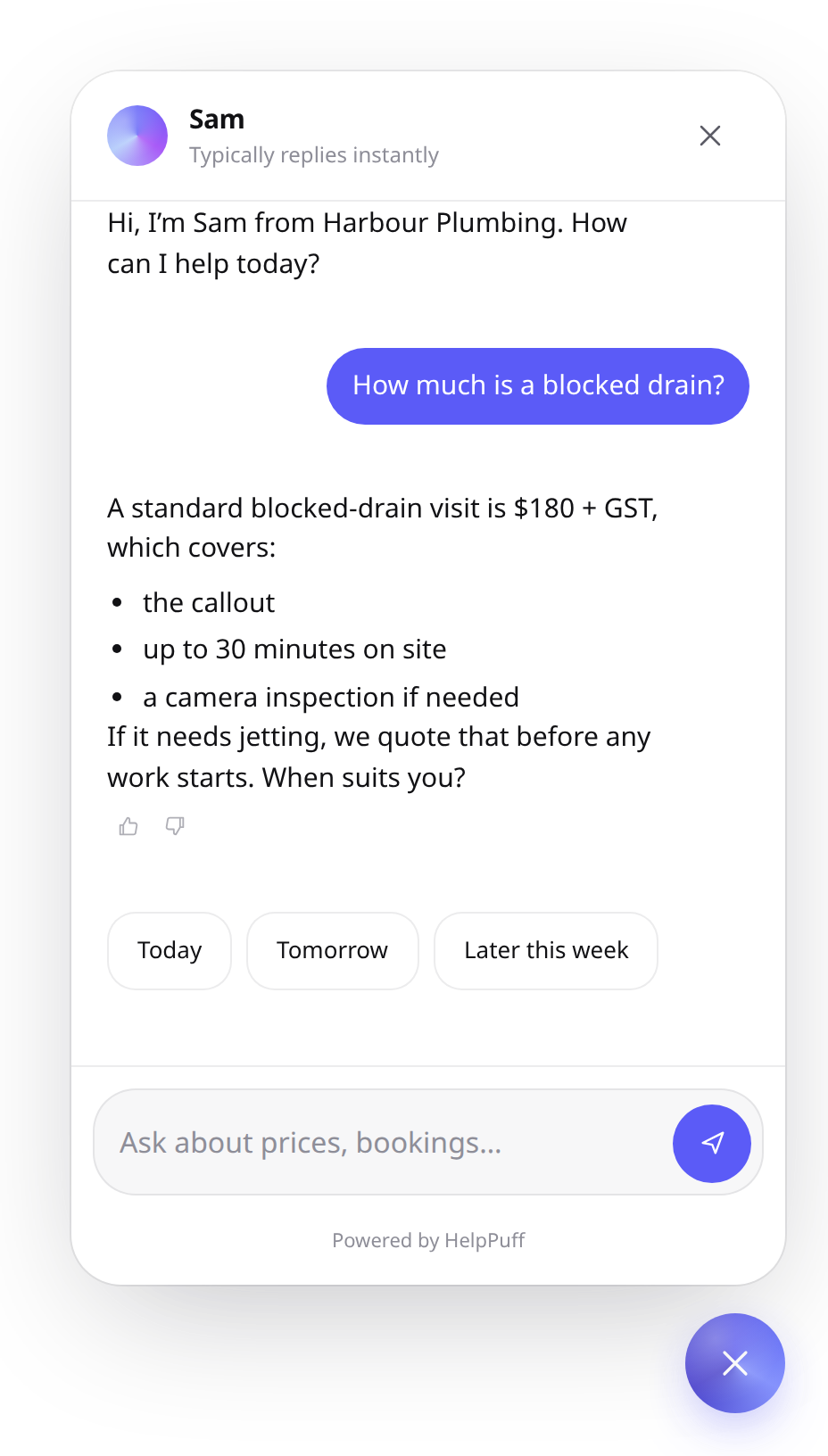 The widget answering a pricing question with a list and booking options