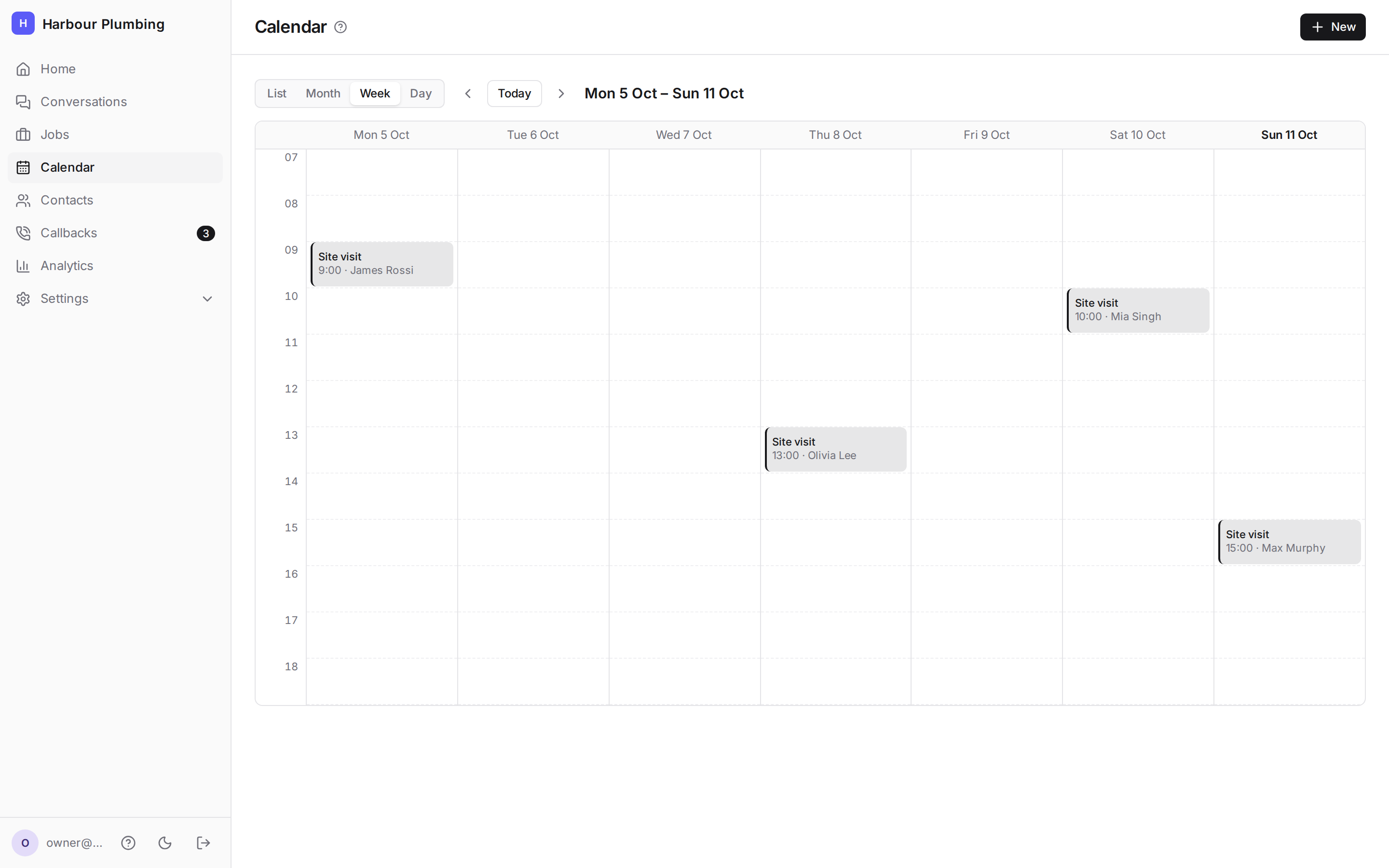 The calendar: a week of appointments booked in the chat and by hand, each with the visitor’s name