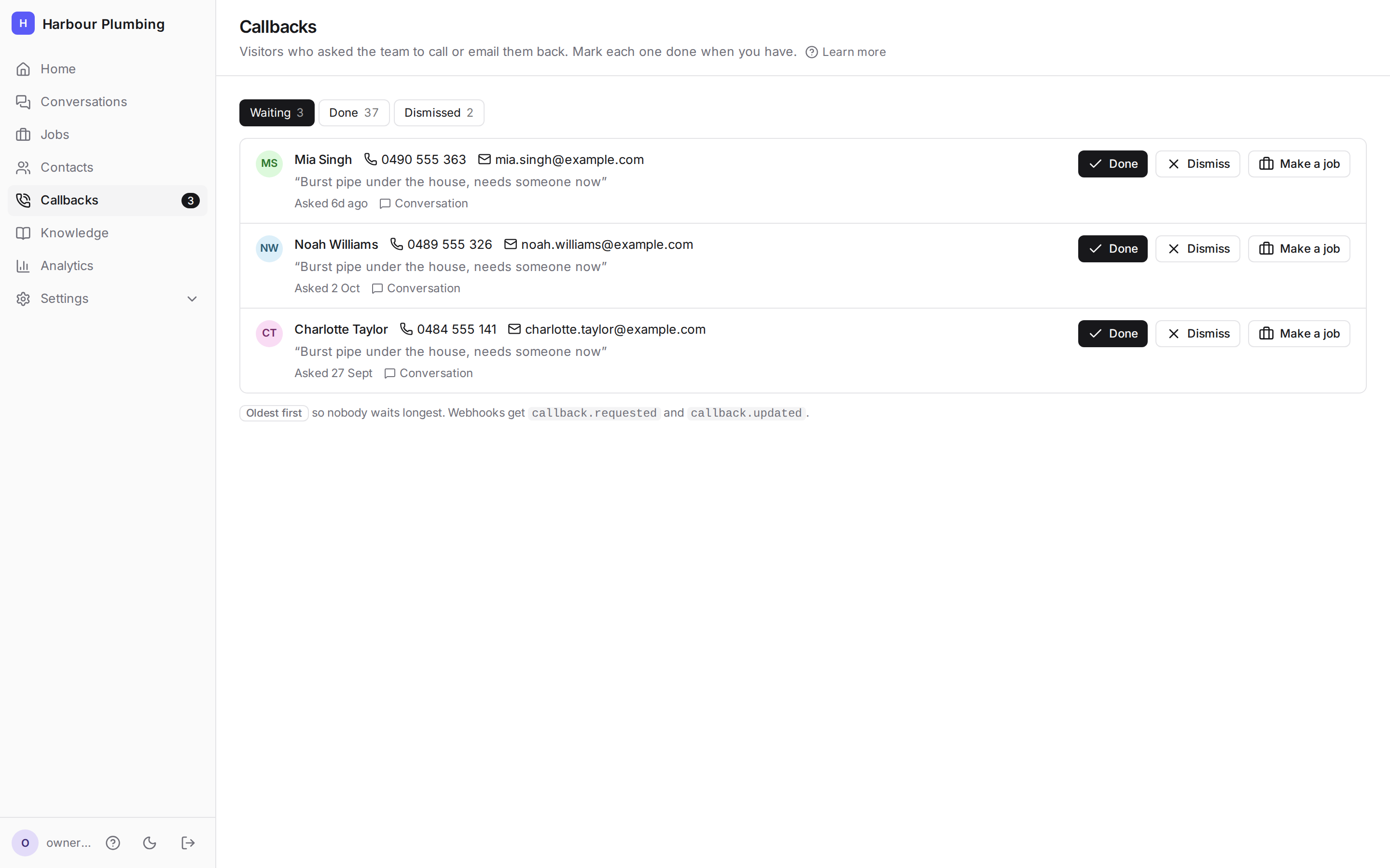 Callback requests waiting, each with a phone number, the reason and Done and Dismiss buttons