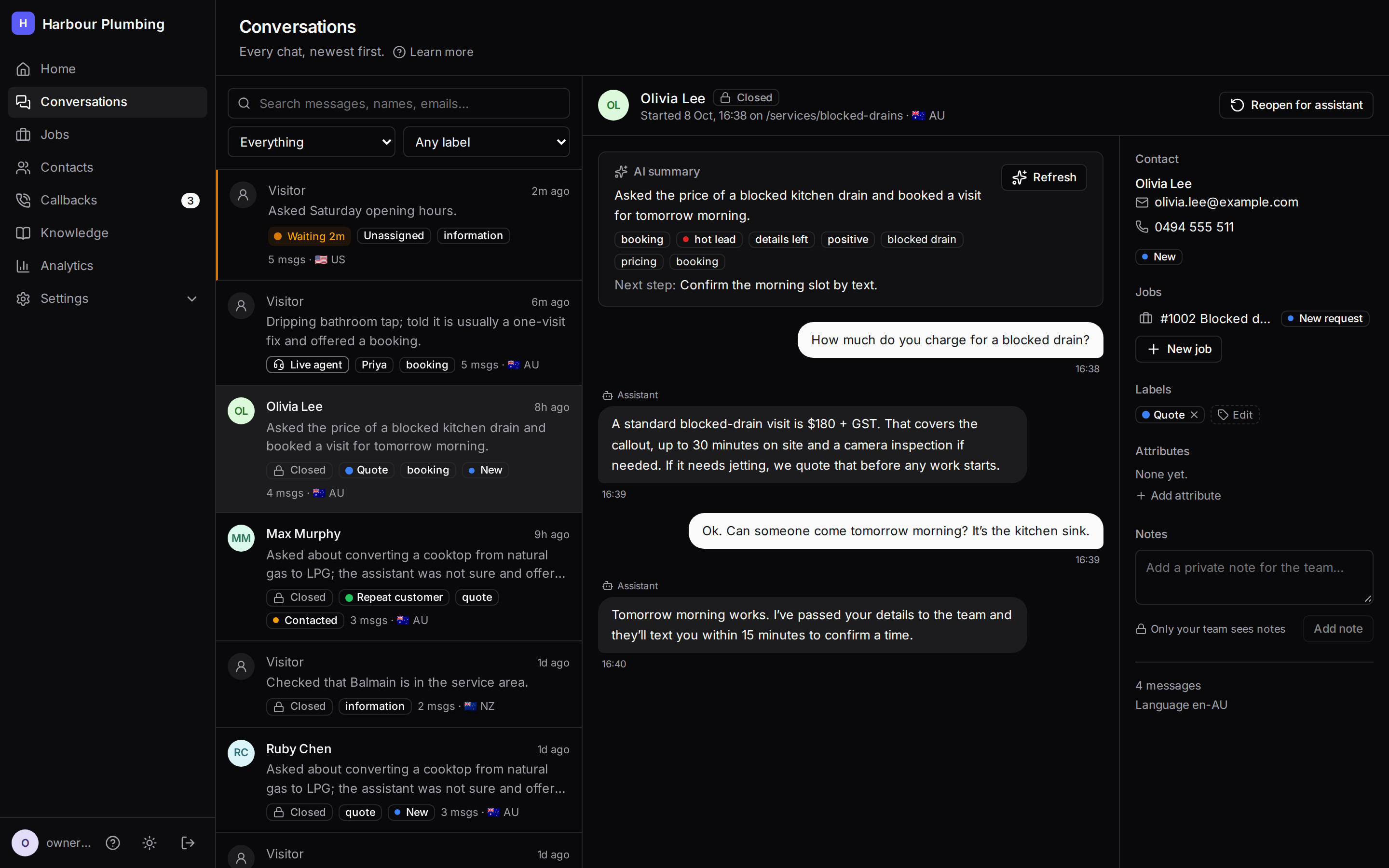 The dashboard in dark mode, showing a summarised conversation and the visitor’s details