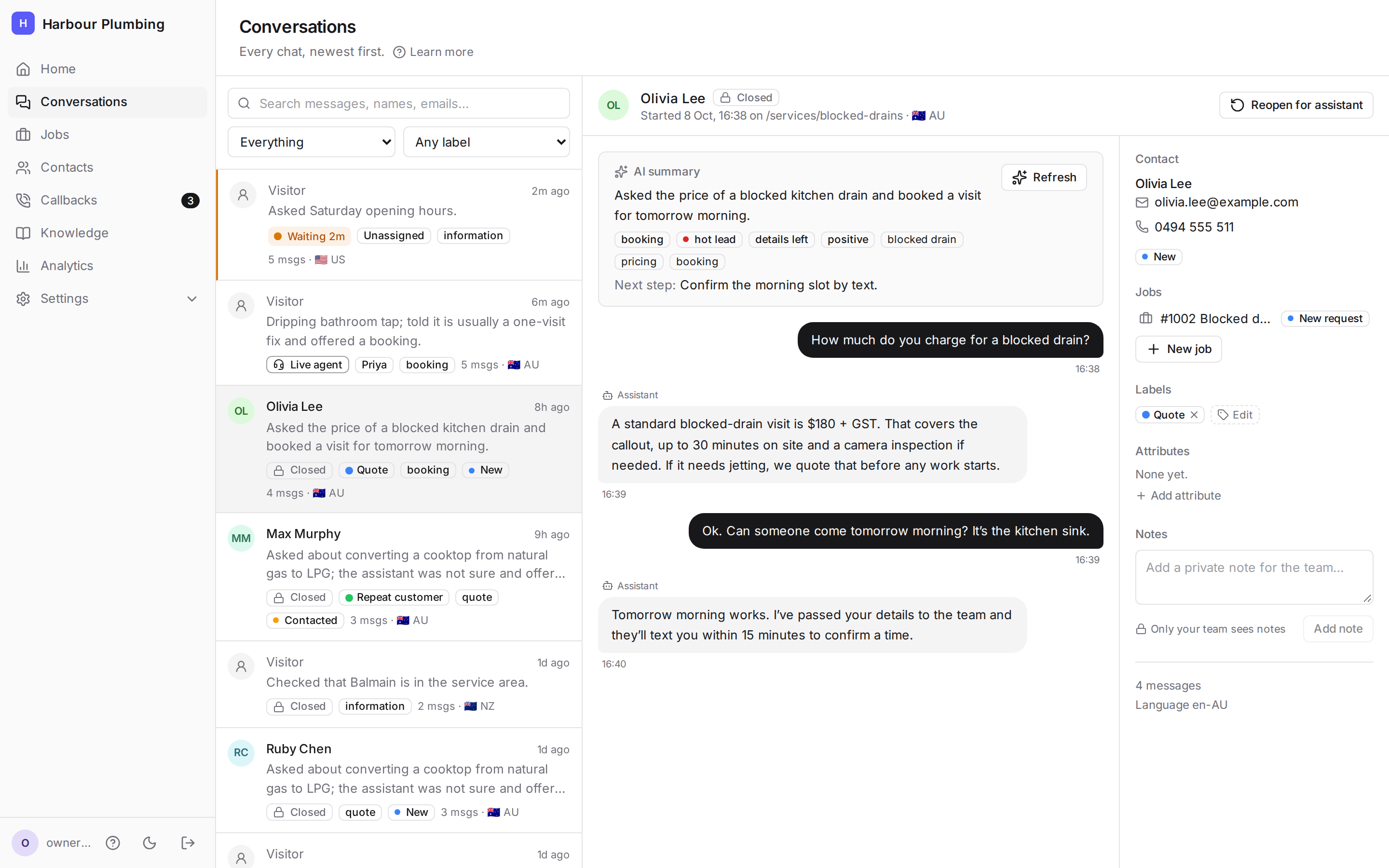 A conversation in the dashboard: the AI summary with labels, the transcript and the visitor’s contact details beside it