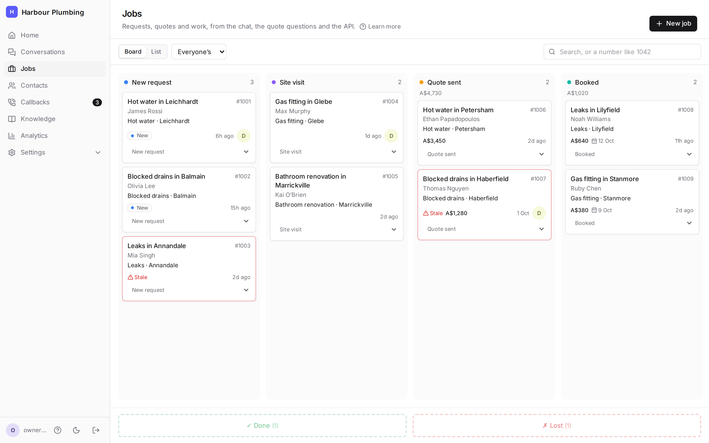 The jobs board: columns for new requests, site visits, quotes sent and booked jobs, with values and stale warnings