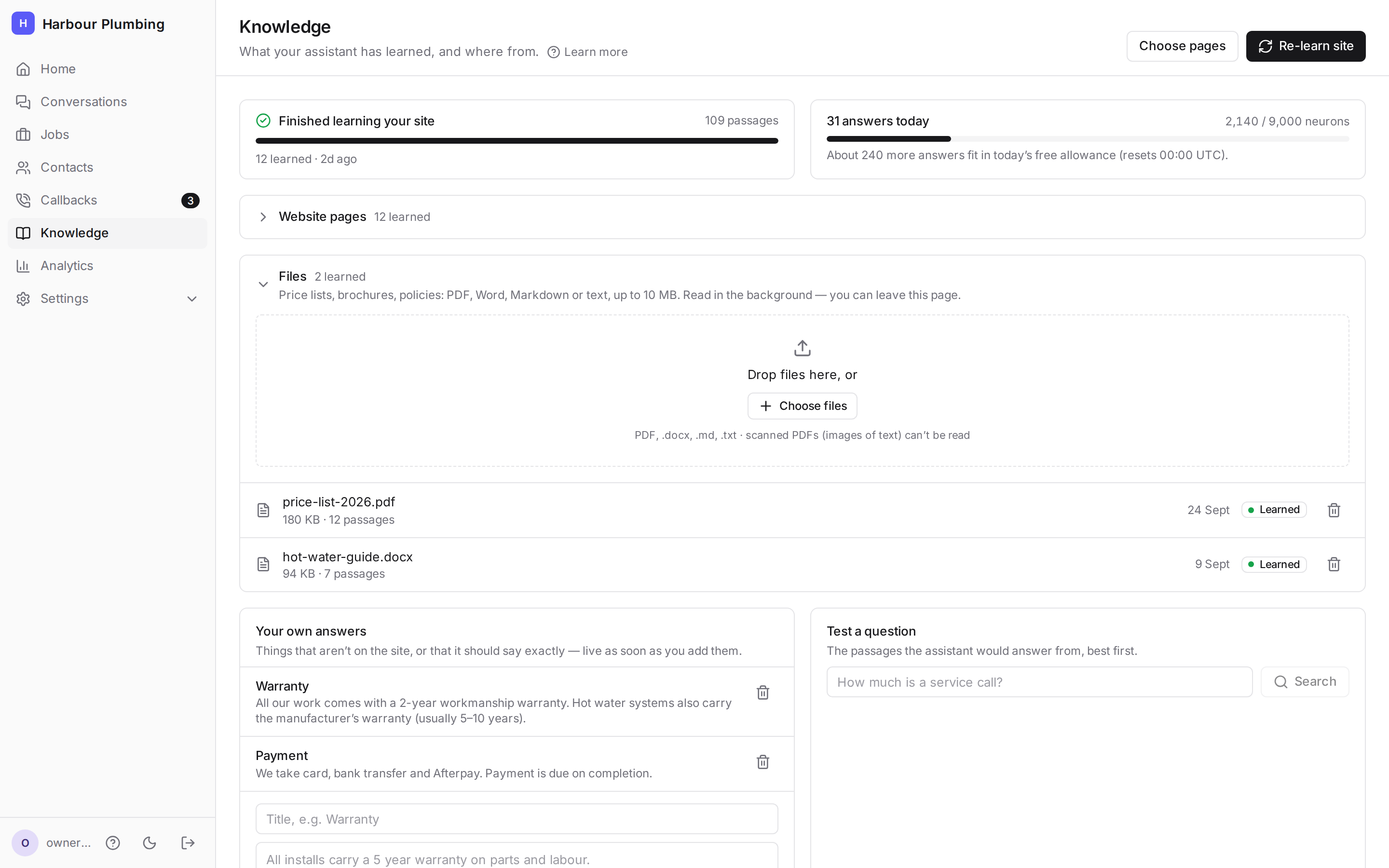 The knowledge page: site learning status, uploaded files, your own answers and a box to test a question