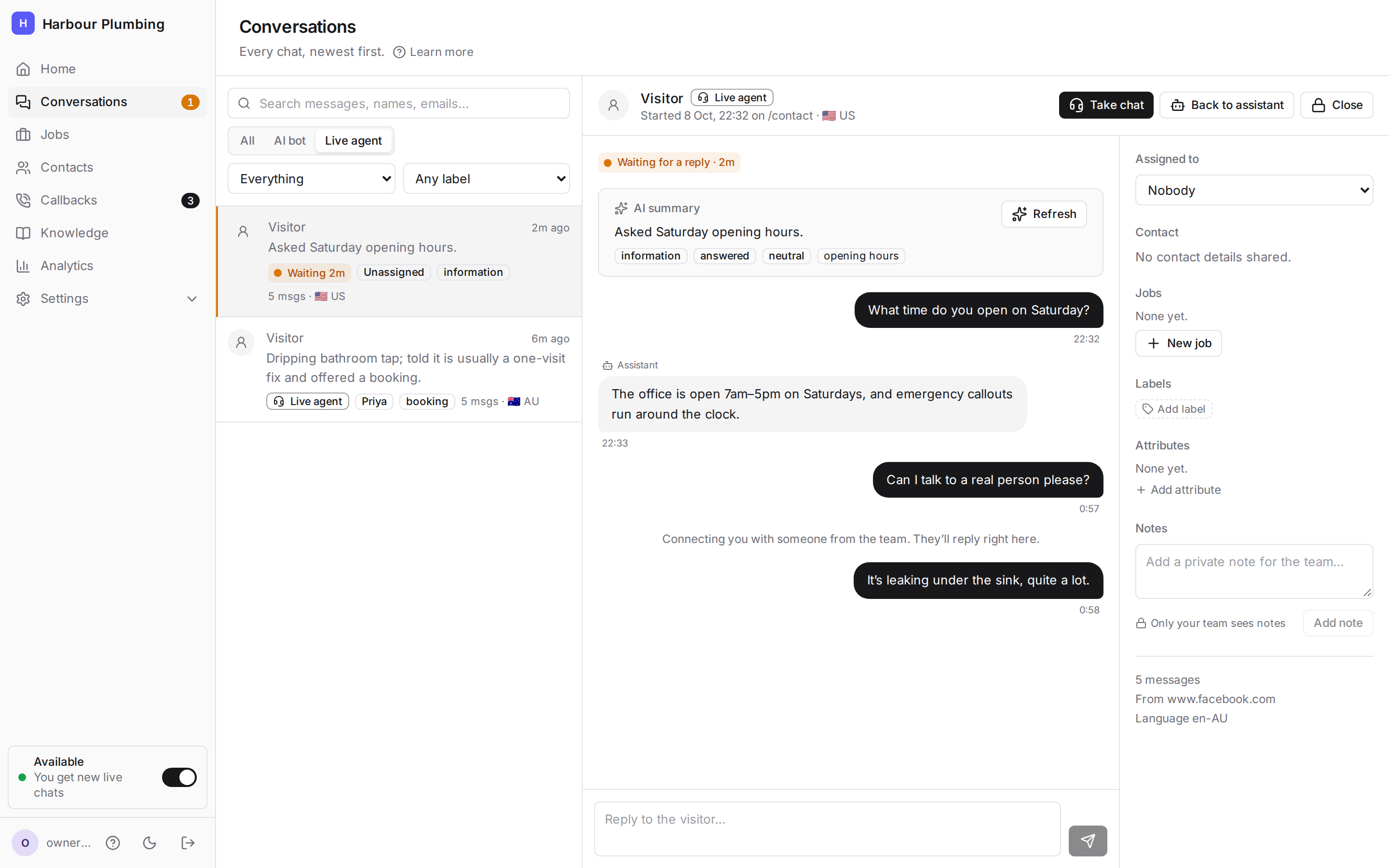 A live chat in the dashboard: the visitor waiting two minutes, the Take chat button and the reply box