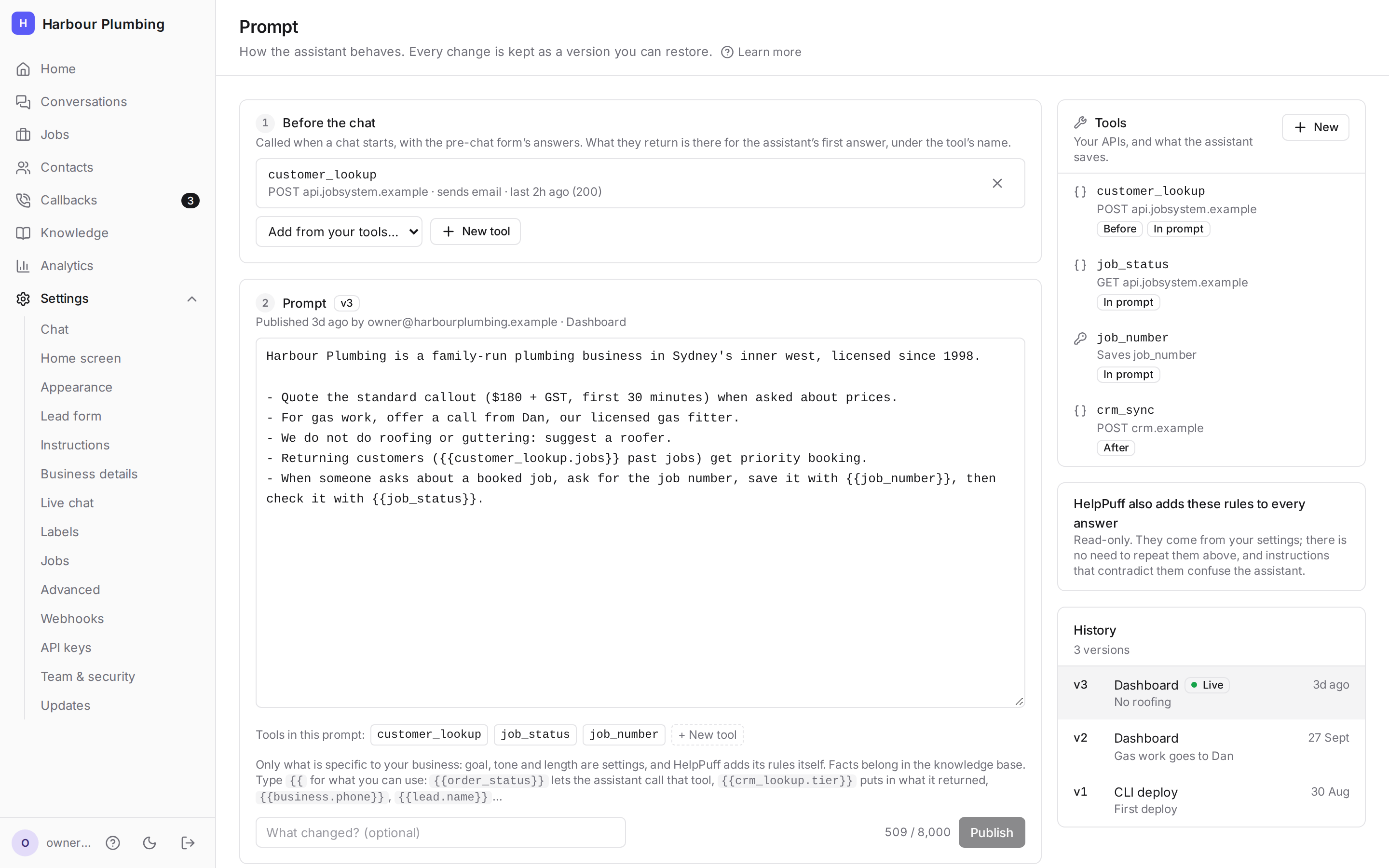 The Prompt page: tools called before the chat, the prompt, tools called after it, and the tool library
