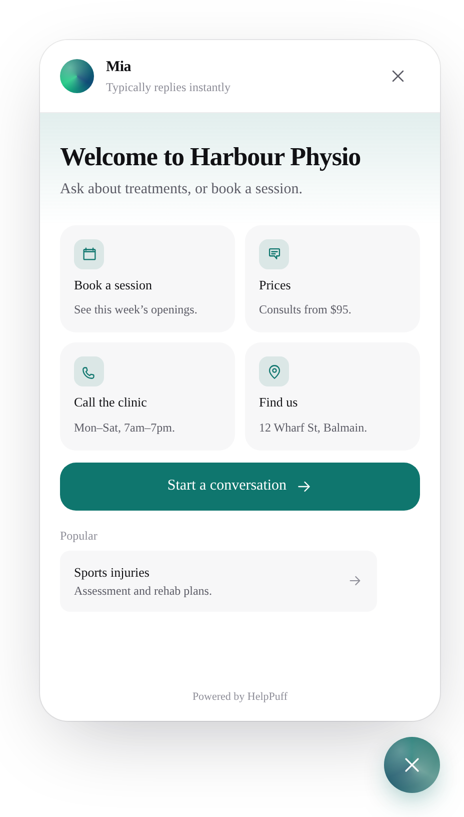 A home screen with four shortcuts in a serif font and teal accent