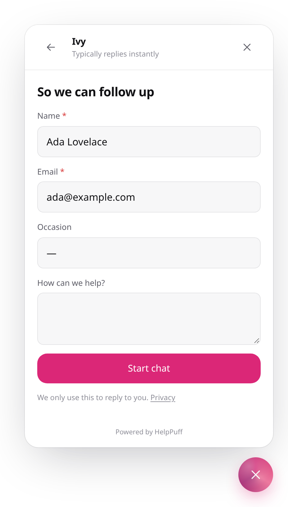 A pre-chat form asking for name, email and occasion, with a privacy note