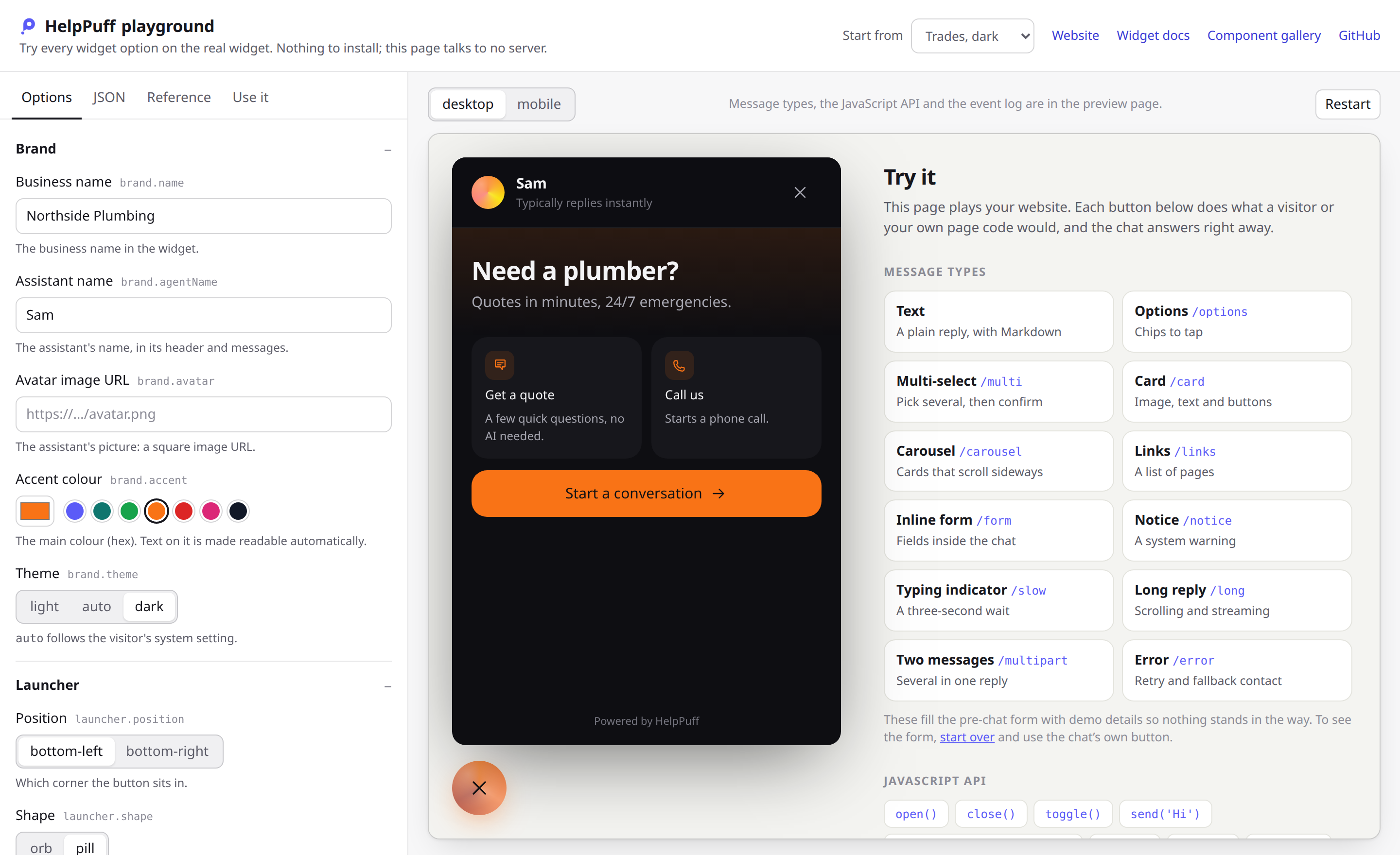 The HelpPuff playground: a panel of every widget option beside a live preview